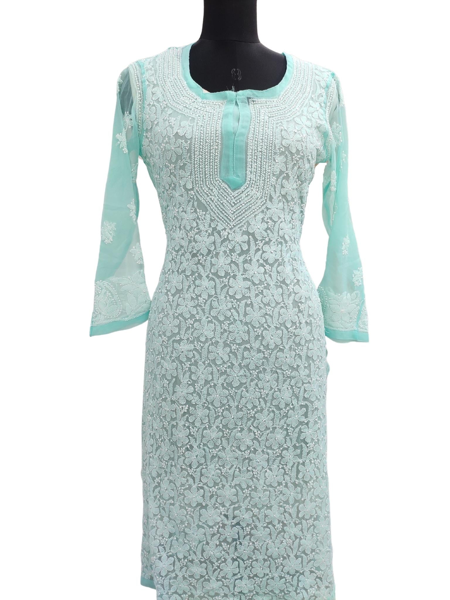 Shyamal Chikan Hand Embroidered Sea Green Georgette Lucknowi Chikankari Kurti - S15703