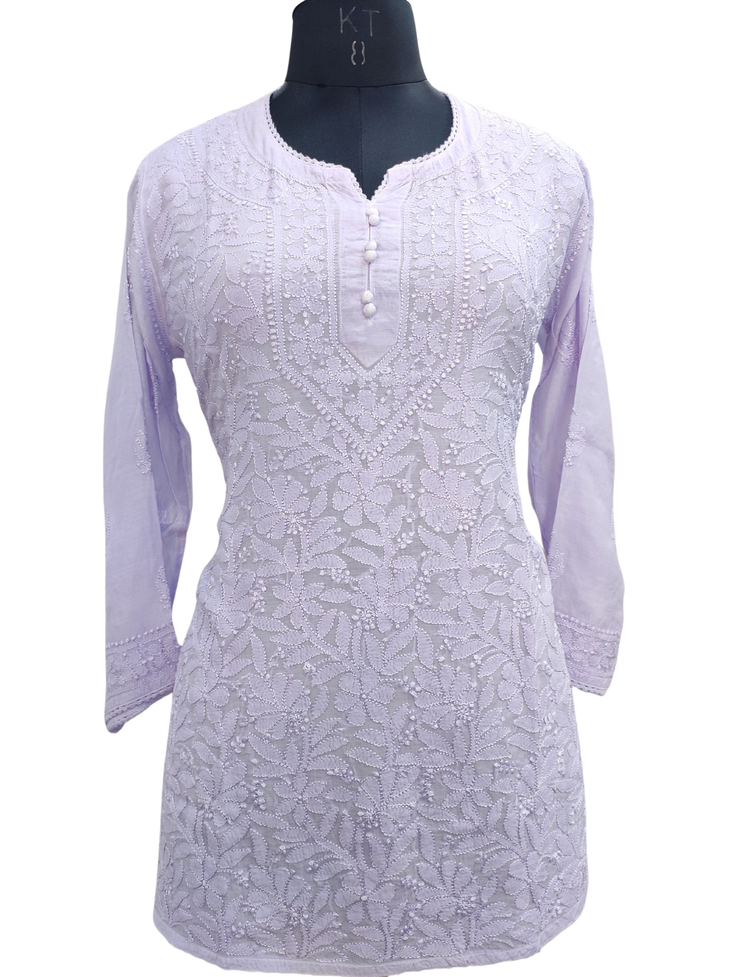 Shyamal Chikan Hand Embroidered Lavender Muslin Lucknowi Chikankari Short Top - 23479