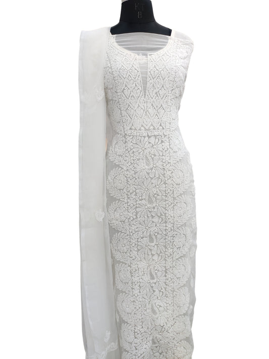 Shyamal Chikan Hand Embroidered White Georgette Lucknowi Chikankari Unstitched Suit Piece - 24035