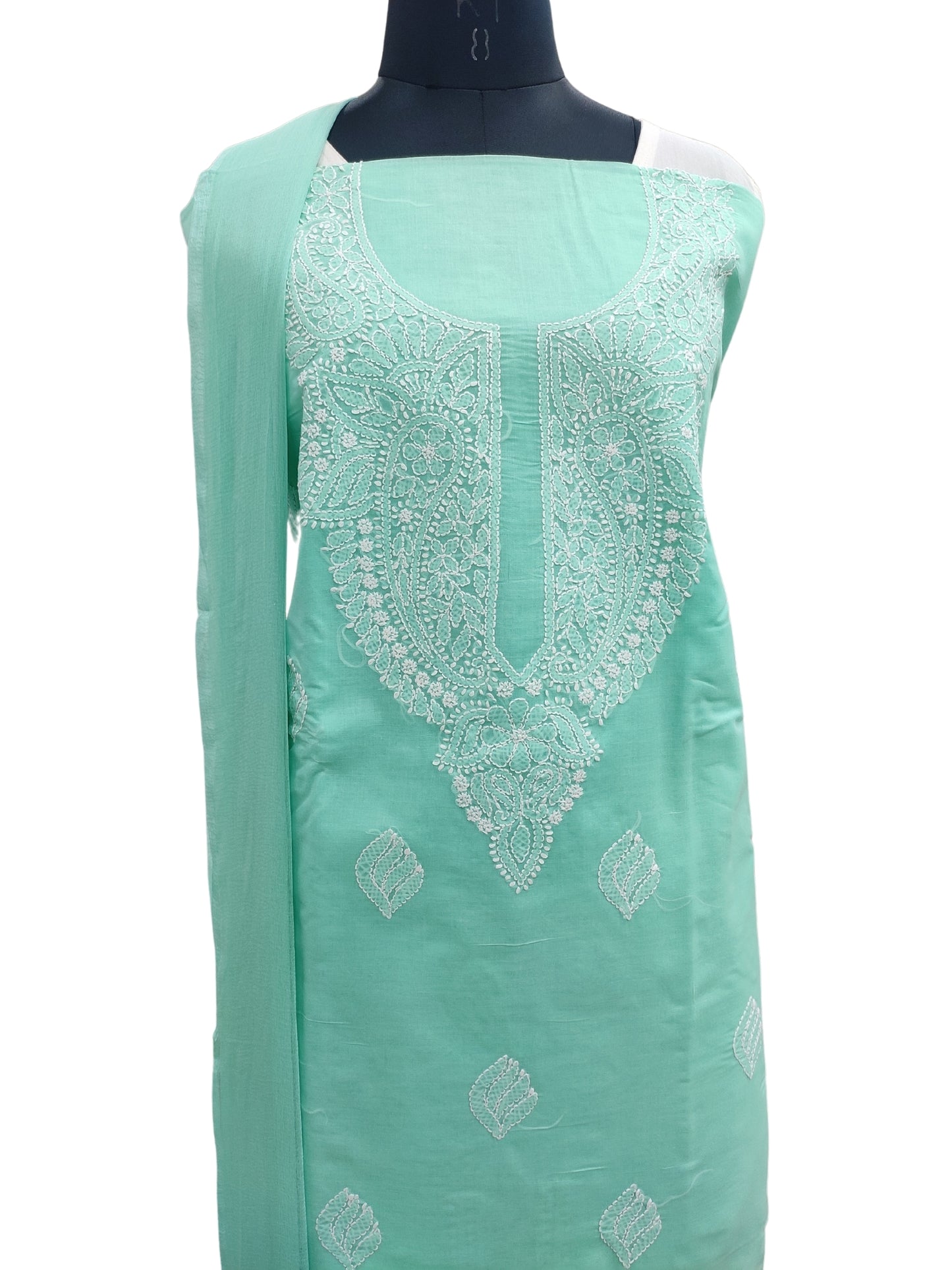 Shyamal Chikan Hand Embroidered Sea Green Cotton Lucknowi Chikankari Unstitched Suit Piece - S24746