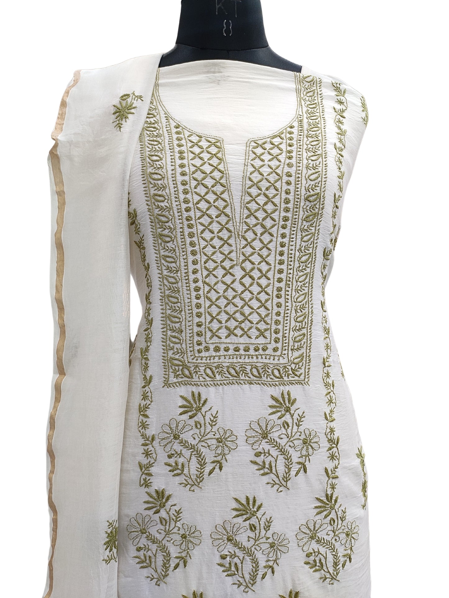 Shyamal Chikan Hand Embroidered White Pure Chanderi Silk Lucknowi Chikankari Unstitched Suit Piece ( Kurta Dupatta Set ) - S20706