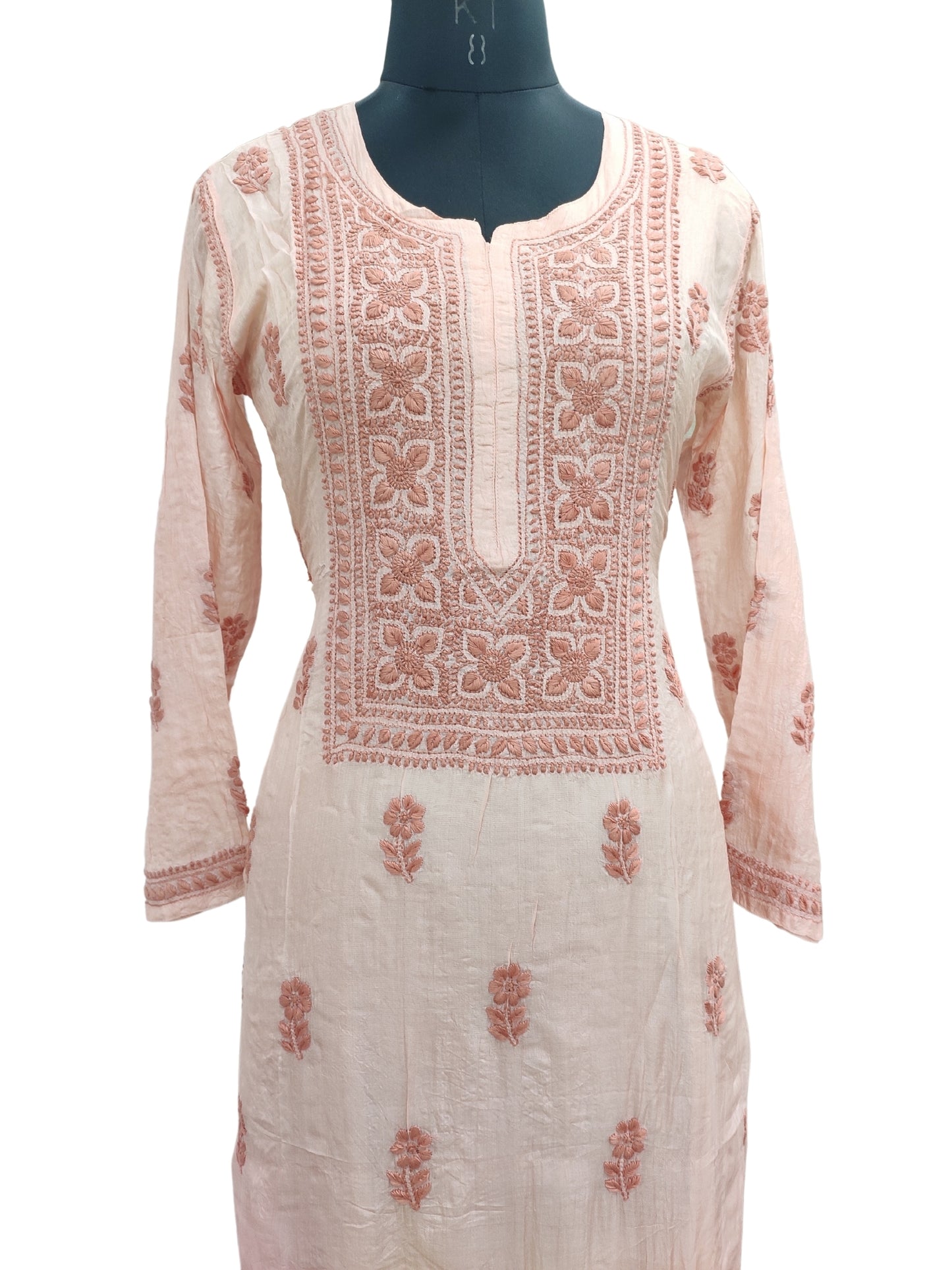 Shyamal Chikan Hand Embroidered Peach Pure Tusser Silk Lucknowi Chikankari Kurti- S24405