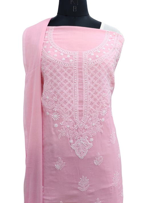 Shyamal Chikan Hand Embroidered Pink Cotton Lucknowi Chikankari Unstitched Suit Piece - S24163