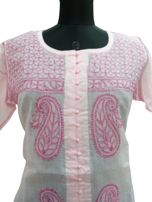 Shyamal Chikan Hand Embroidered Pink Cotton Lucknowi Chikankari Short Top- S1070