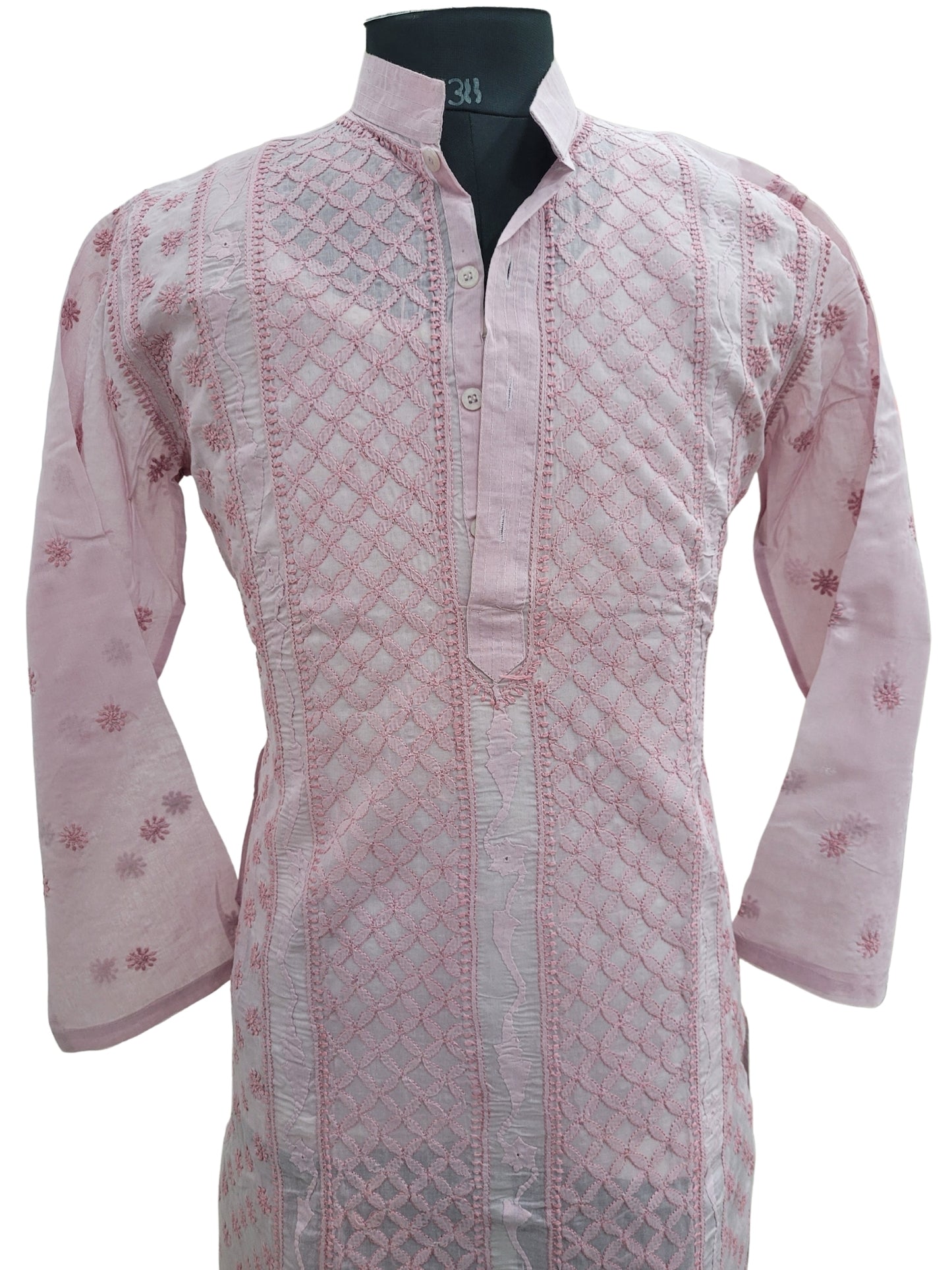 Shyamal Chikan Hand Embroidered Pink Cotton Lucknowi Chikankari Men's Kurta With Daraz Work S25009