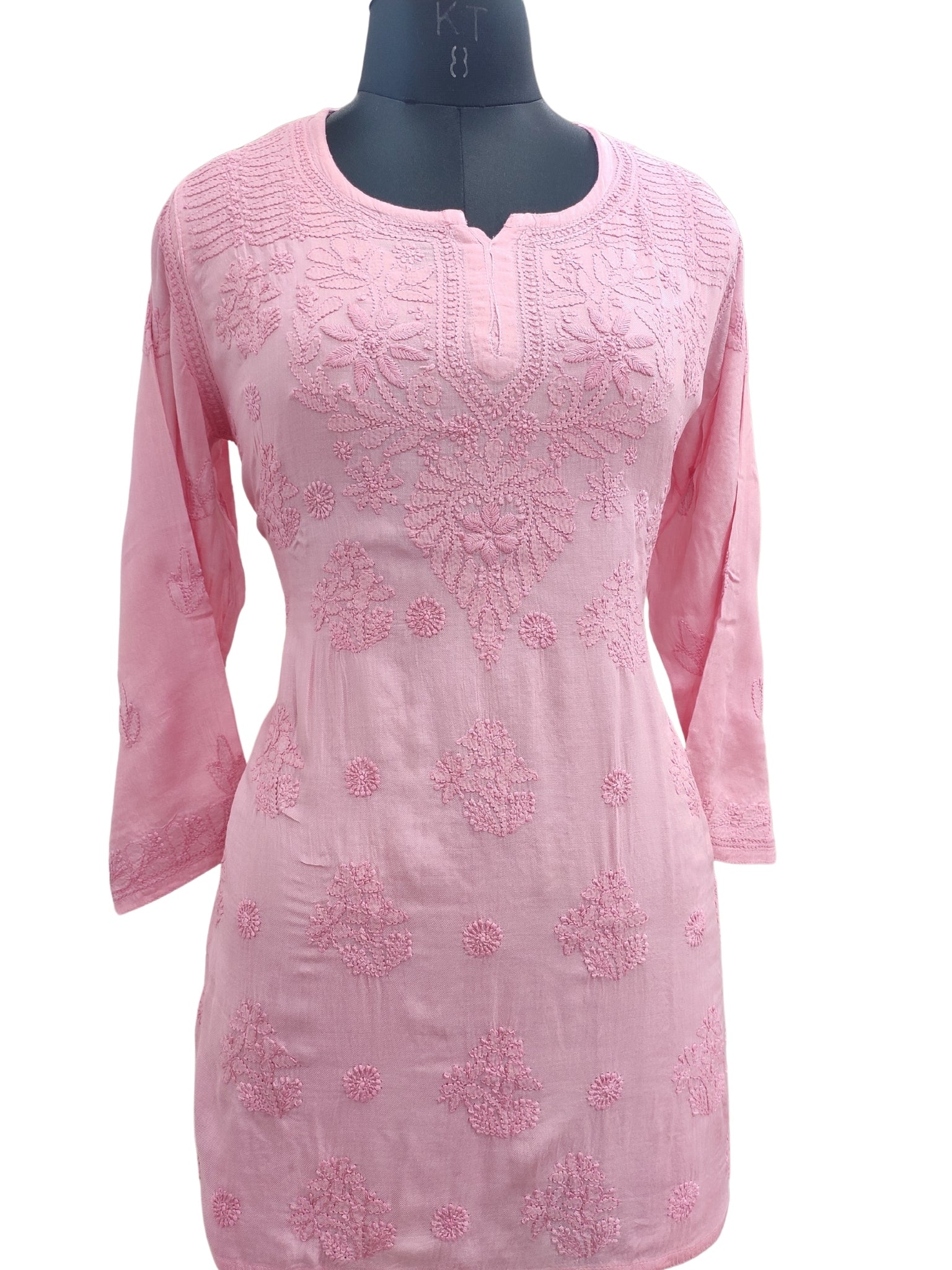 Shyamal Chikan Hand Embroidered Peach Pure Cotton Lucknowi Chikankari Short Top- 23464