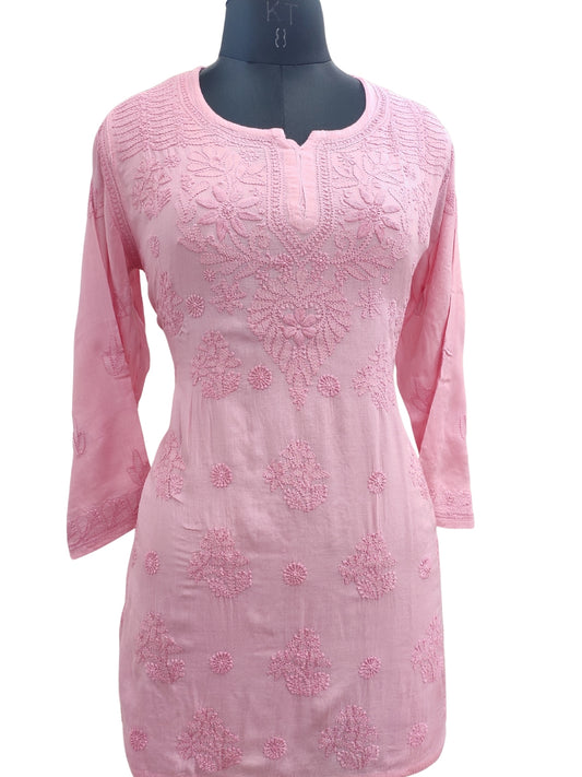 Shyamal Chikan Hand Embroidered Peach Pure Cotton Lucknowi Chikankari Short Top- 23464