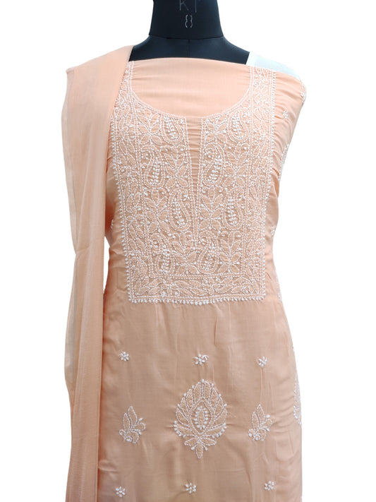 Shyamal Chikan Hand Embroidered Peach Cotton Lucknowi Chikankari Unstitched Suit Piece - S24183