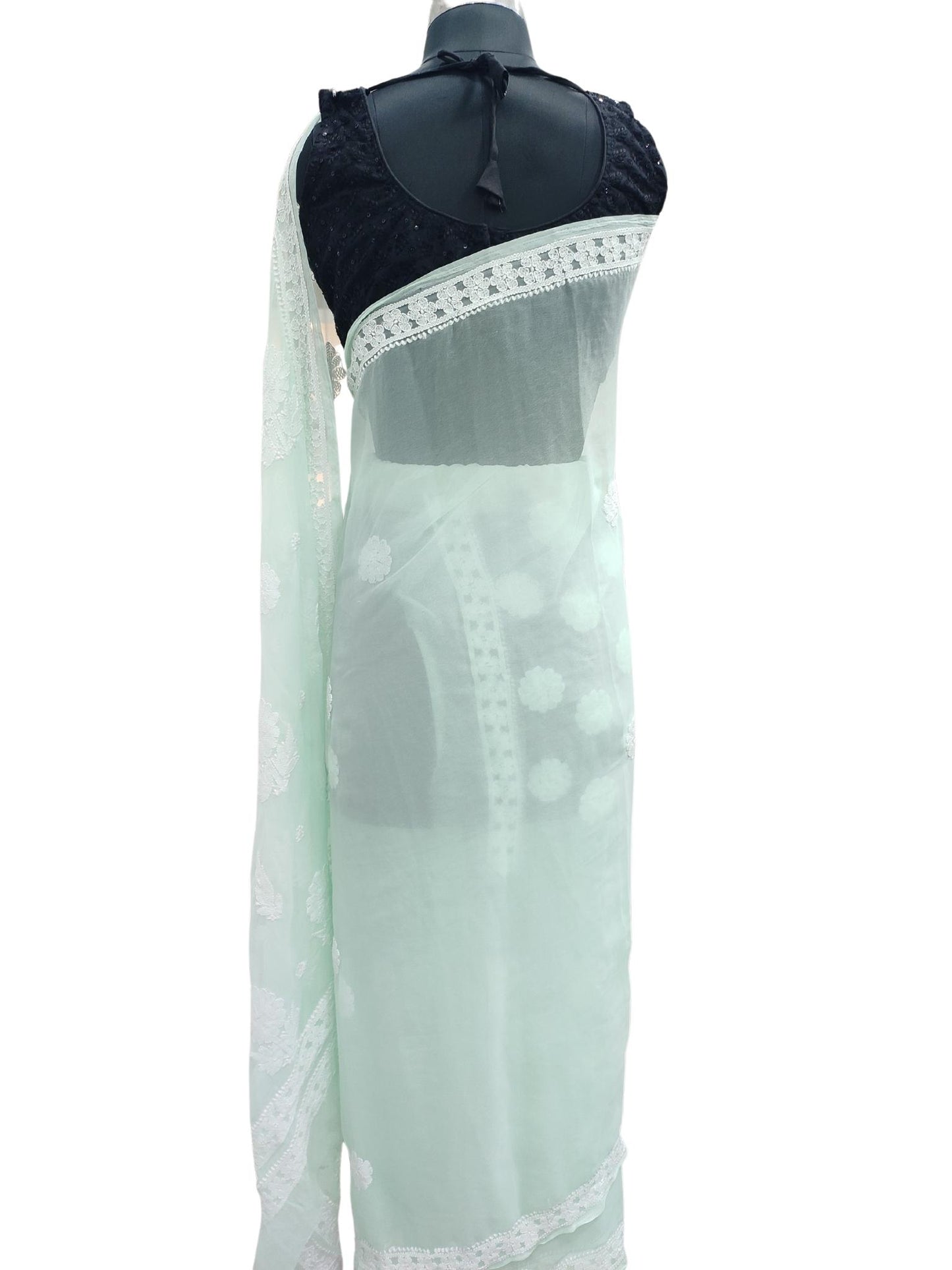 Shyamal Chikan Hand Embroidered Sea Green Georgette Lucknowi Chikankari Saree With Blouse Piece - S21327