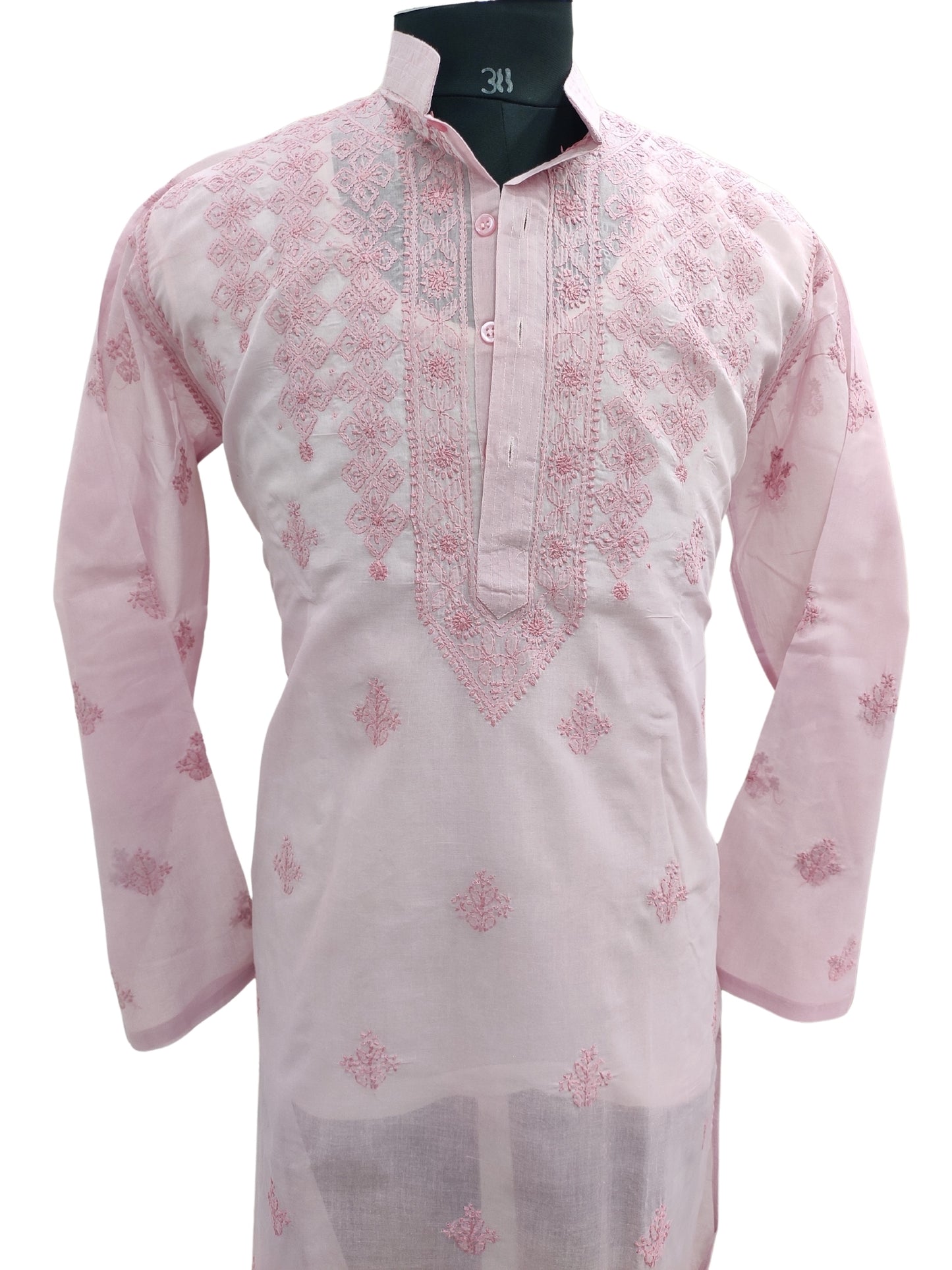 Shyamal Chikan Hand Embroidered Pink Cotton Lucknowi Chikankari Men's Kurta – S23605