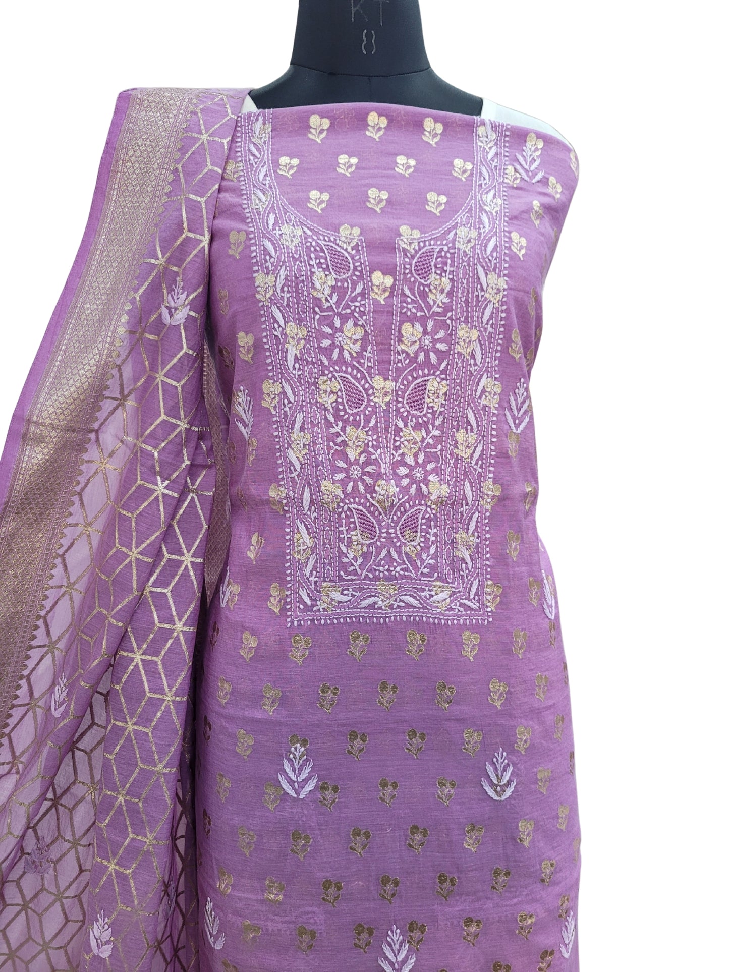 Shyamal Chikan Hand Embroidered Purple Chanderi Lucknowi Chikankari Unstitched Suit Piece ( Kurta Dupatta Set ) S24866