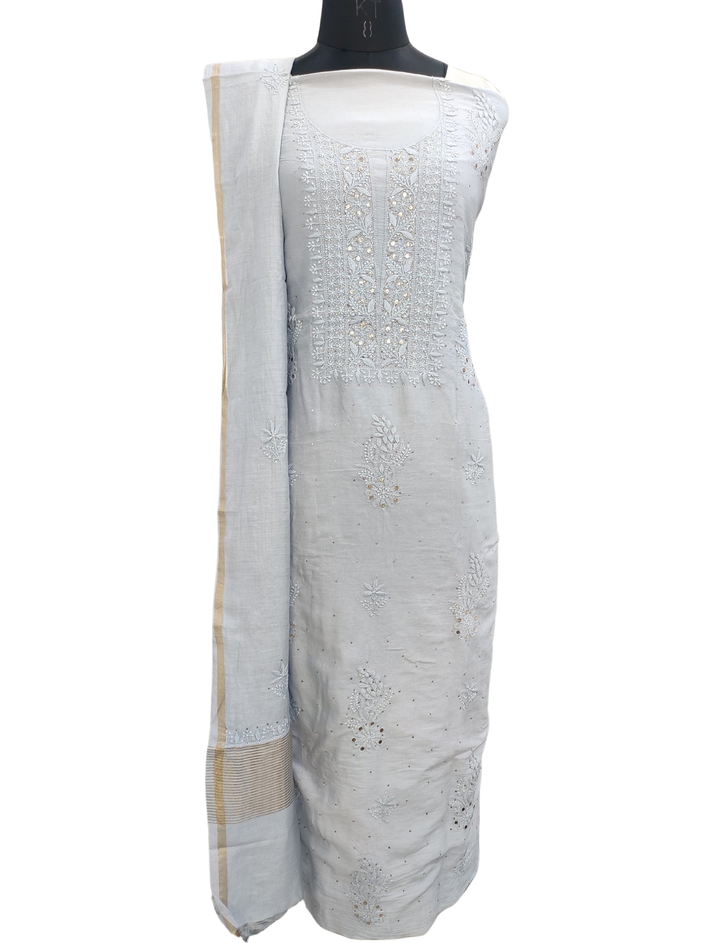 Shyamal Chikan Hand Embroidered Grey Chanderi Silk Lucknowi Chikankari Unstitched Suit Piece With Mukaish Work (Kurta Dupatta Set) - S20473