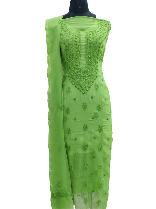 Shyamal Chikan Hand Embroidered Green Georgette Lucknowi Chikankari Unstitched Suit Piece - 24098