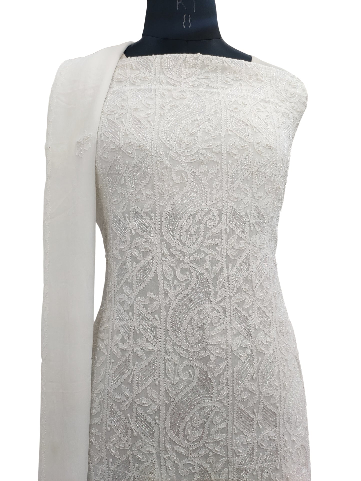 Shyamal Chikan Hand Embroidered white Viscose Georgette Lucknowi Chikankari Unstitched Suit Piece With Pearl Work  ( Kurta  Dupatta Set ) - S20467
