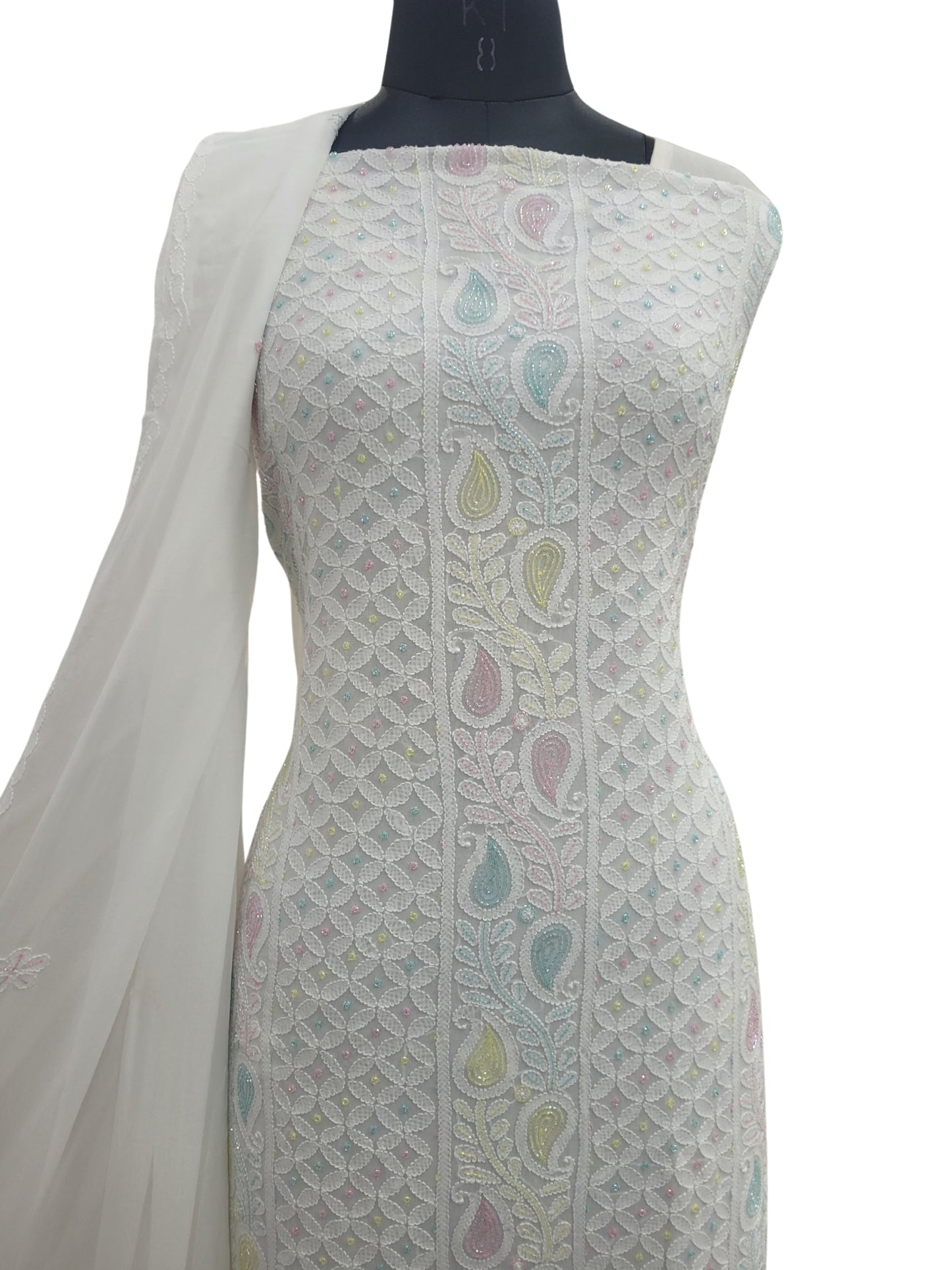 Shyamal Chikan Hand Embroidered White Viscose Georgette Lucknowi Chikankari Unstitched Suit Piece With Cutdana Work ( Kurta  Dupatta Set) - S25223