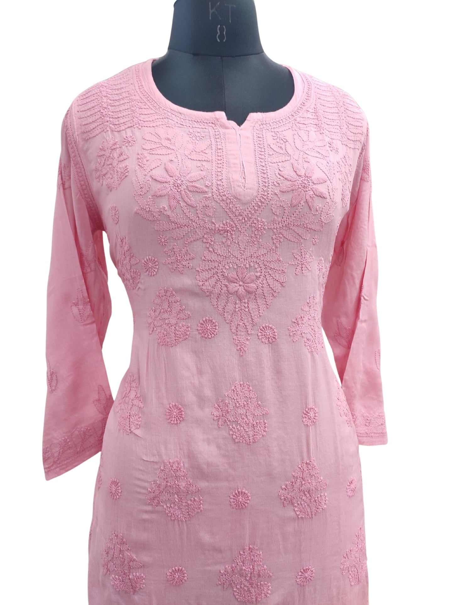 Shyamal Chikan Hand Embroidered Peach Pure Cotton Lucknowi Chikankari Short Top- 23464