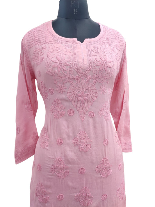 Shyamal Chikan Hand Embroidered Peach Pure Cotton Lucknowi Chikankari Short Top - S23464