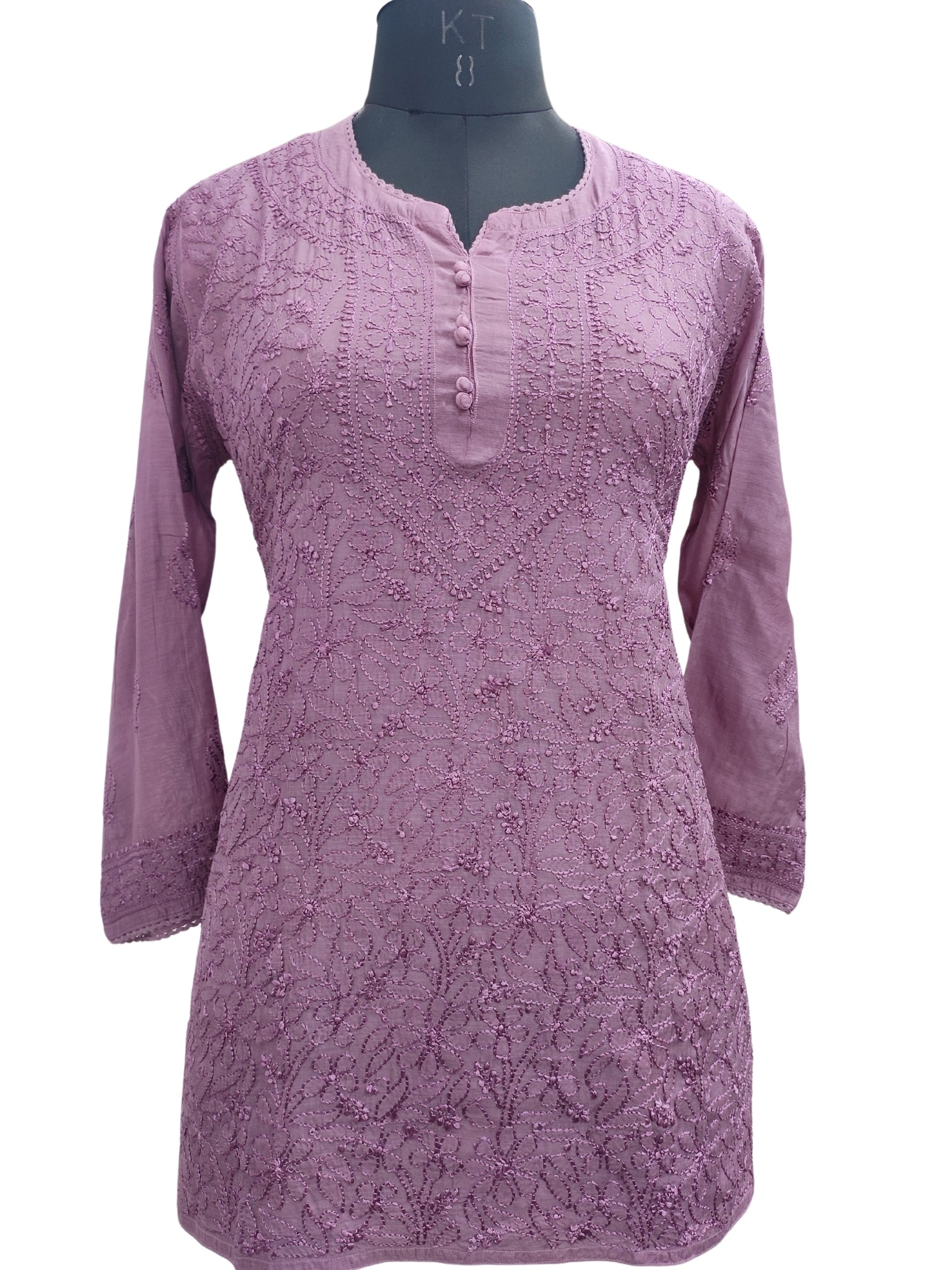 Shyamal Chikan Hand Embroidered Wine Muslin Lucknowi Chikankari Short Top - 23497