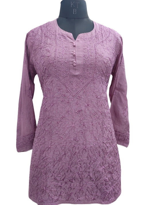 Shyamal Chikan Hand Embroidered Wine Muslin Lucknowi Chikankari Short Top - 23497