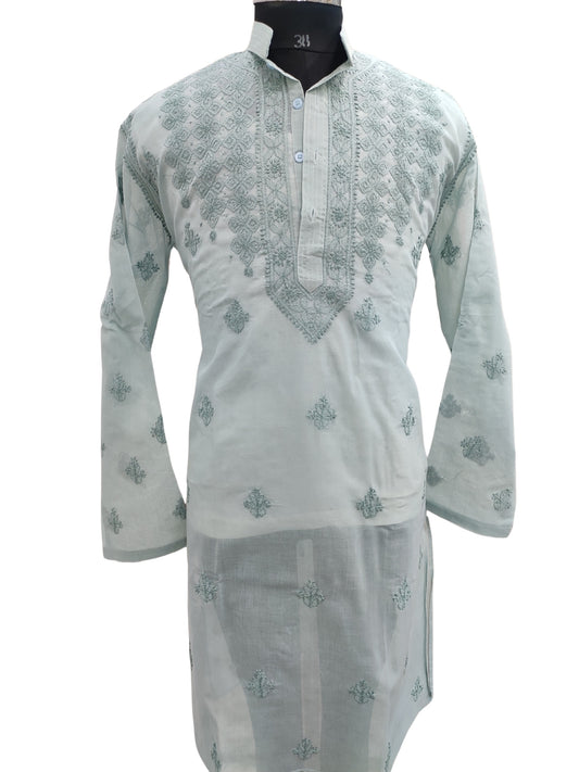 Shyamal Chikan Hand Embroidered Grey Cotton Lucknowi Chikankari Men's Kurta – S23587