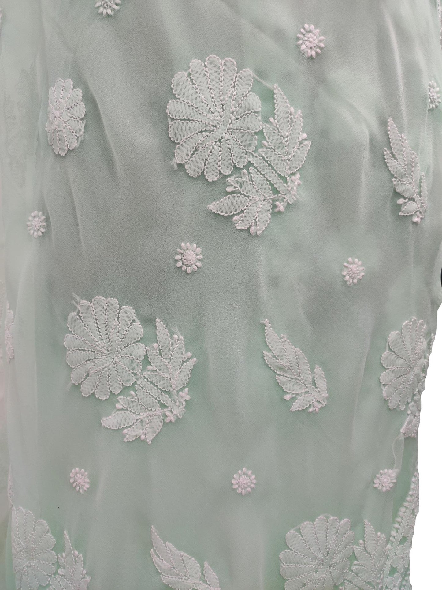 Shyamal Chikan Hand Embroidered Sea Green Georgette Lucknowi Chikankari Saree With Blouse Piece - S21327