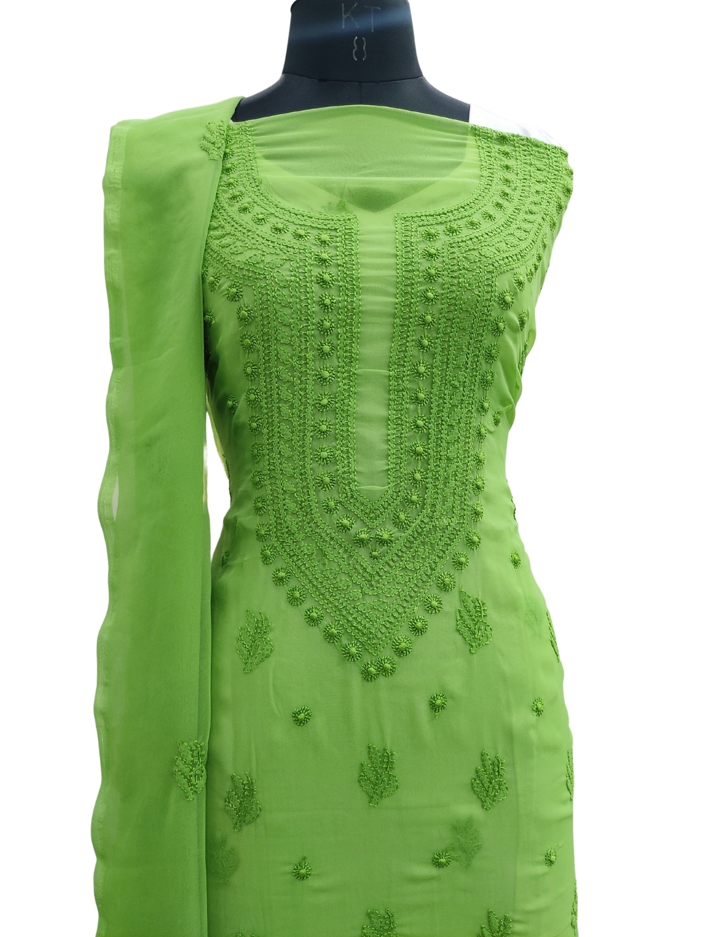 Shyamal Chikan Hand Embroidered Green Georgette Lucknowi Chikankari Unstitched Suit Piece - 24098