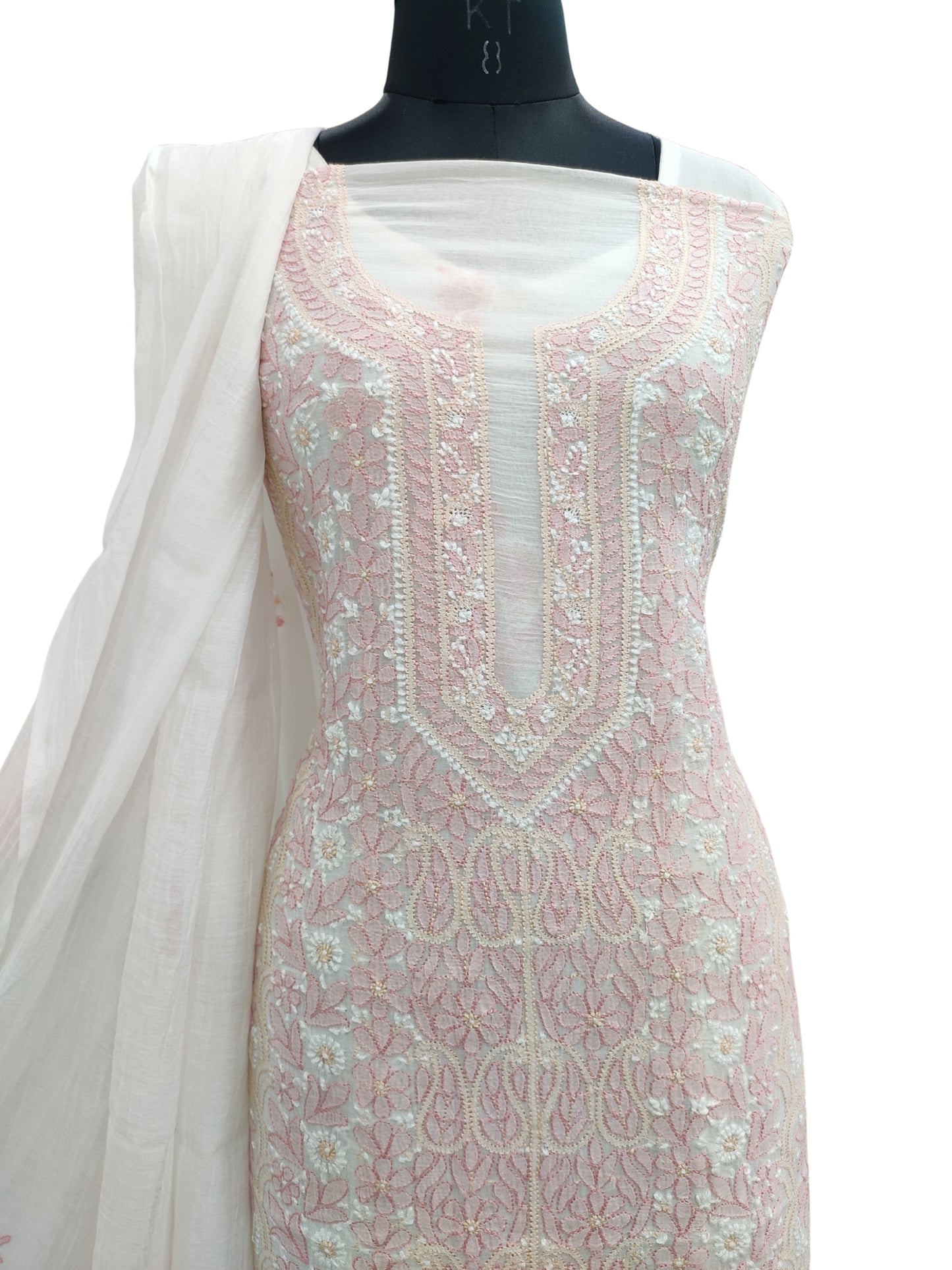 Shyamal Chikan Hand Embroidered White Mul Chanderi Lucknowi Chikankari Unstitched Suit Piece (Kurta Dupatta Set) - 23540