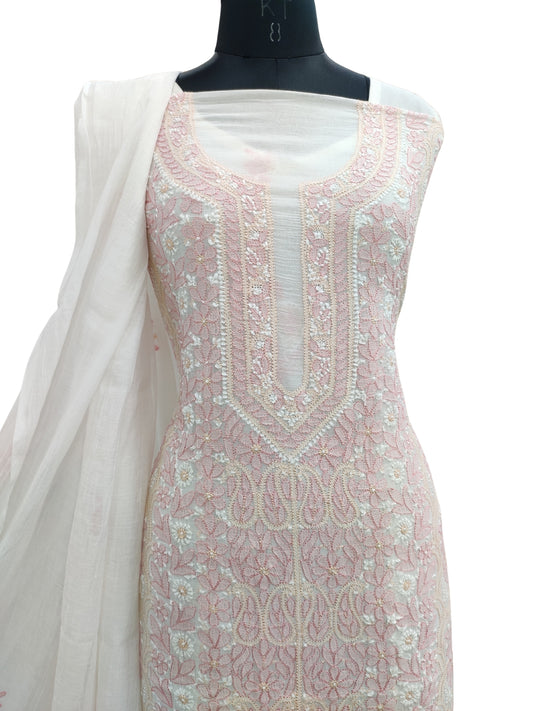 Shyamal Chikan Hand Embroidered White Mul Chanderi Lucknowi Chikankari Unstitched Suit Piece (Kurta Dupatta Set) - S23540