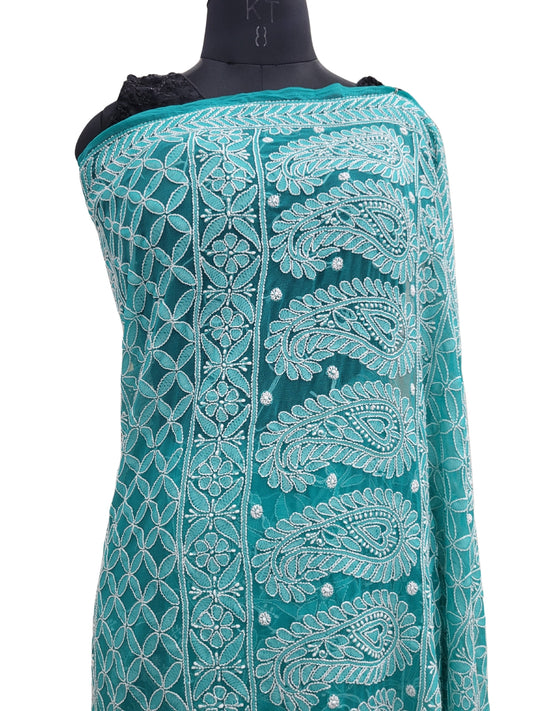 Shyamal Chikan Hand Embroidered Blue Georgette Lucknowi Chikankari Full Jaal Saree With Blouse Piece - S25197