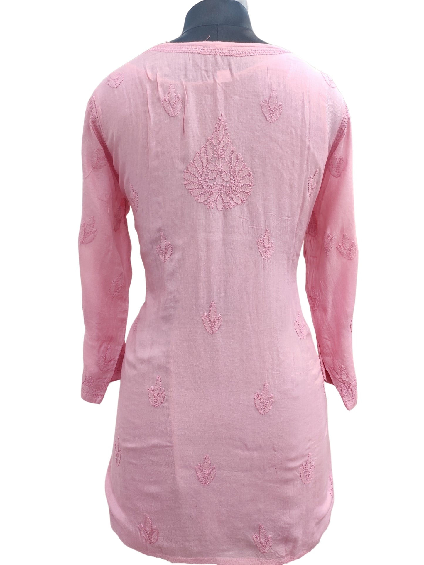 Shyamal Chikan Hand Embroidered Peach Pure Cotton Lucknowi Chikankari Short Top- 23464