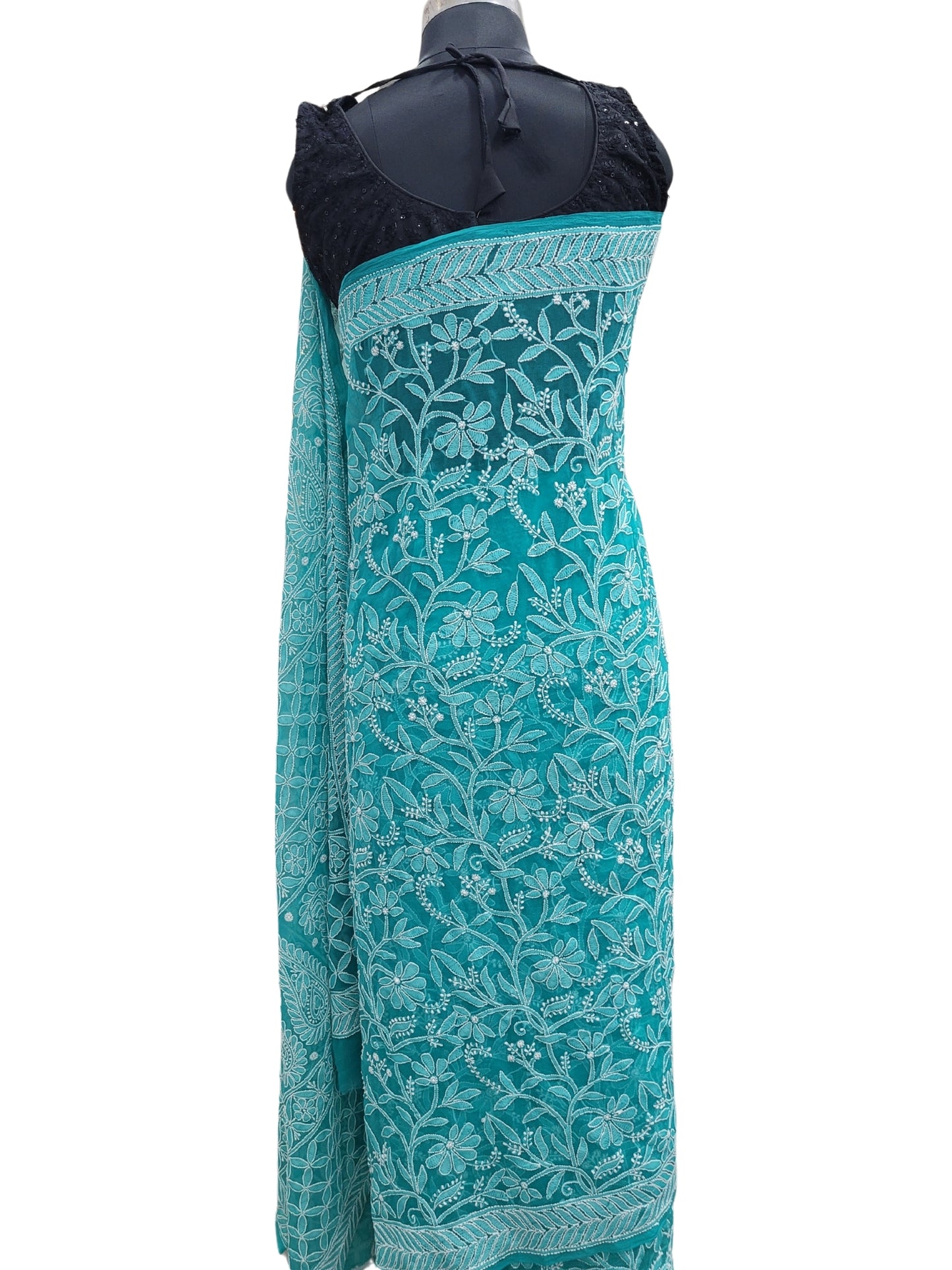 Shyamal Chikan Hand Embroidered Blue Georgette Lucknowi Chikankari Full Jaal Saree With Blouse Piece - S25197