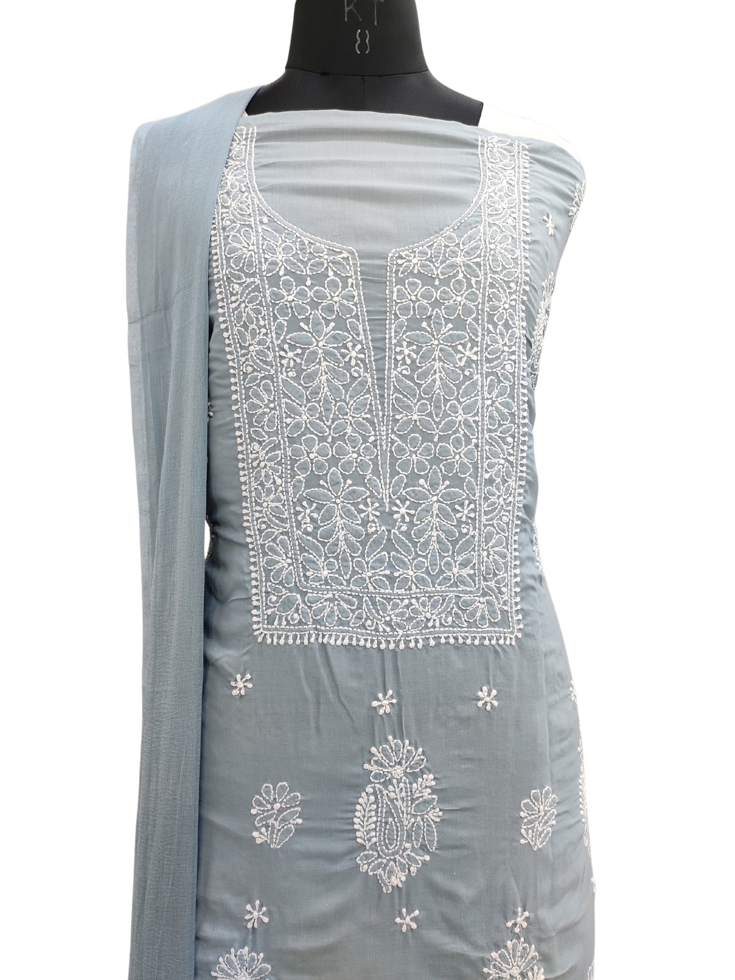 Shyamal Chikan Hand Embroidered Grey Cotton Lucknowi Chikankari Unstitched Suit Piece - S24180