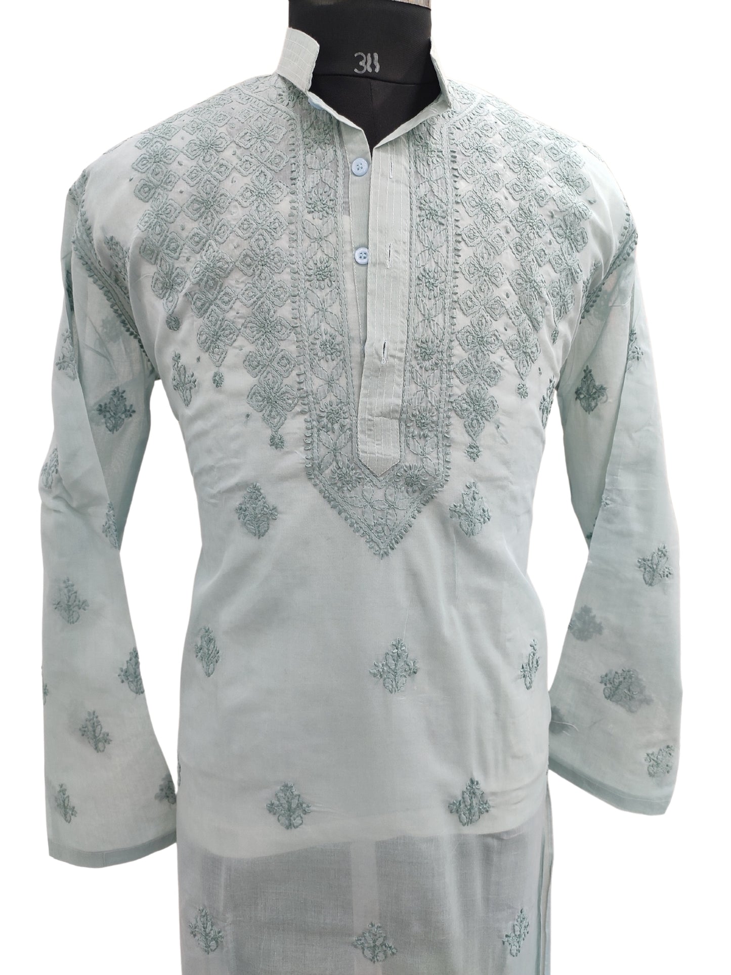 Shyamal Chikan Hand Embroidered Grey Cotton Lucknowi Chikankari Men's Kurta – S23587