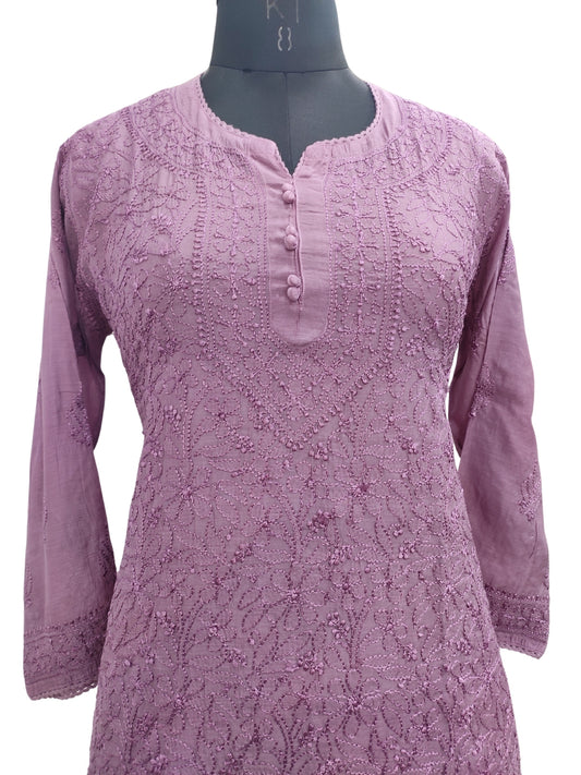 Shyamal Chikan Hand Embroidered Wine Muslin Lucknowi Chikankari Short Top - 23497