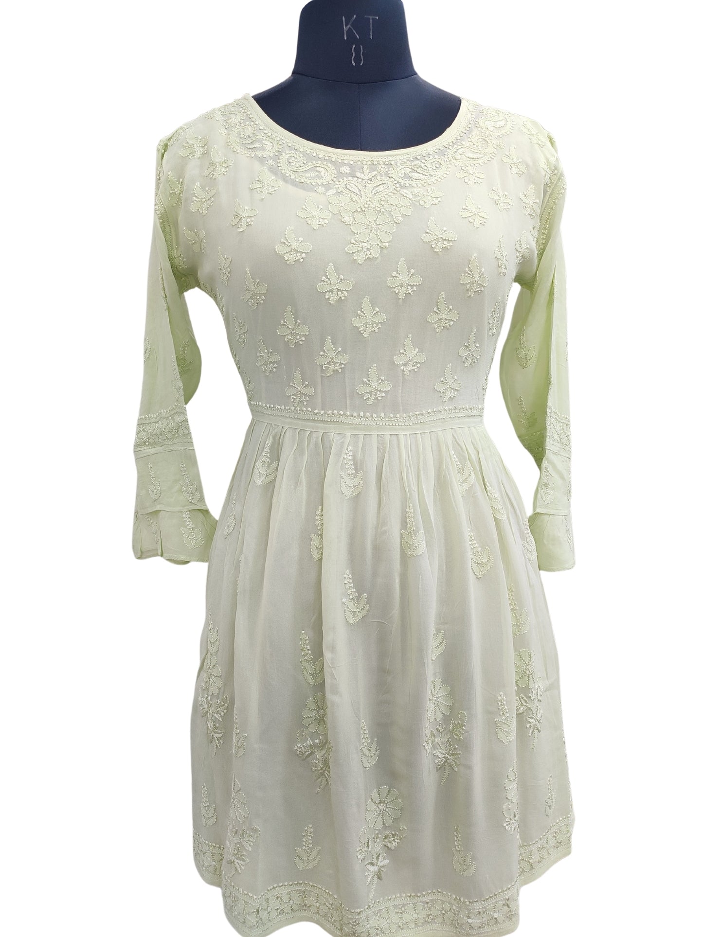 Shyamal Chikan Hand Embroidered Green Viscose Georgette Lucknowi Chikankari Naira Short Top S22812