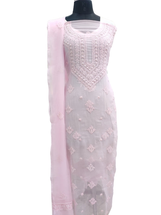 Shyamal Chikan Hand Embroidered Pink Georgette Lucknowi Chikankari Unstitched Suit Piece - 24100