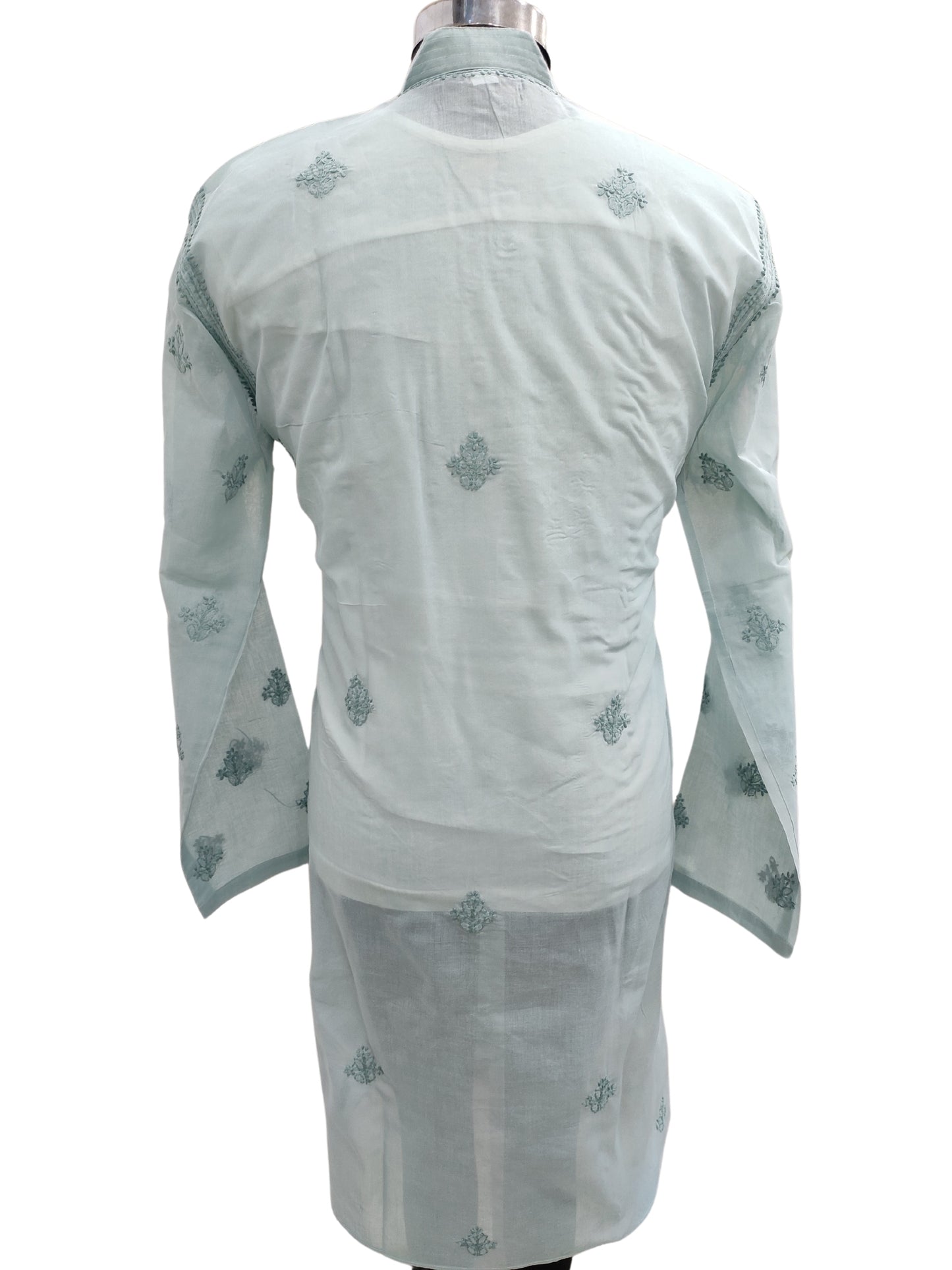 Shyamal Chikan Hand Embroidered Grey Cotton Lucknowi Chikankari Men's Kurta – S23587