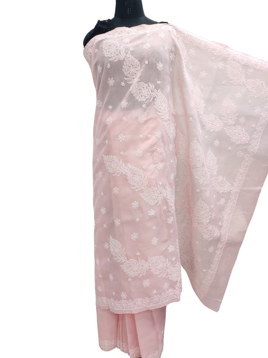 Shyamal Chikan Hand Embroidered Peach Cotton Lucknowi Chikankari Saree With Blouse Piece- S22511