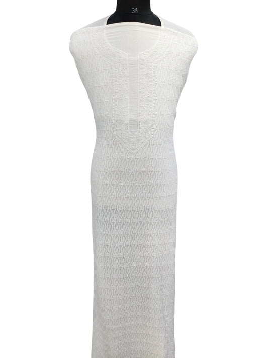 Shyamal Chikan Hand Embroidered White Malmal Cotton Lucknowi Chikankari Unstitched Men's Kurta Piece – S23186