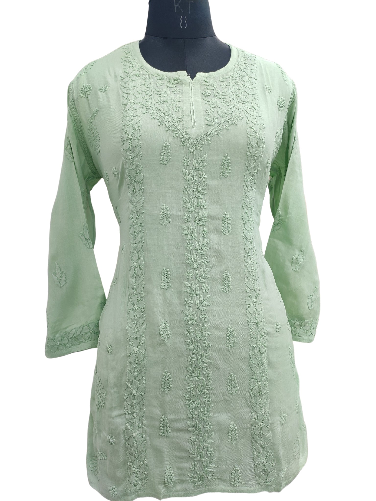 Shyamal Chikan Hand Embroidered Green Pure Cotton Lucknowi Chikankari Short Top- 23459