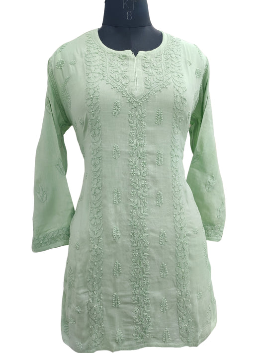 Shyamal Chikan Hand Embroidered Green Pure Cotton Lucknowi Chikankari Short Top- 23459