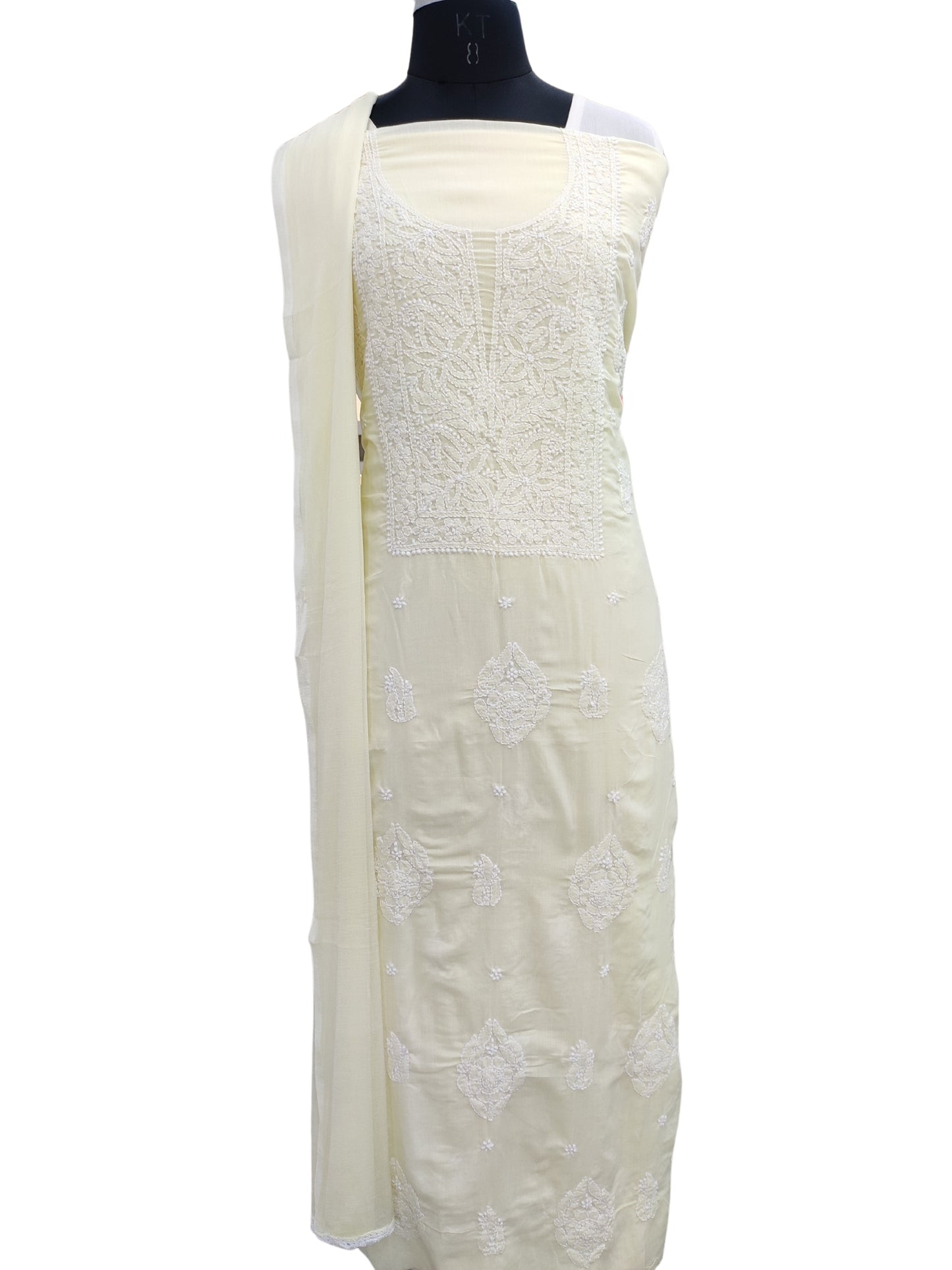 Shyamal Chikan Hand Embroidered Lemon Cotton Lucknowi Chikankari Unstitched Suit Piece 24179