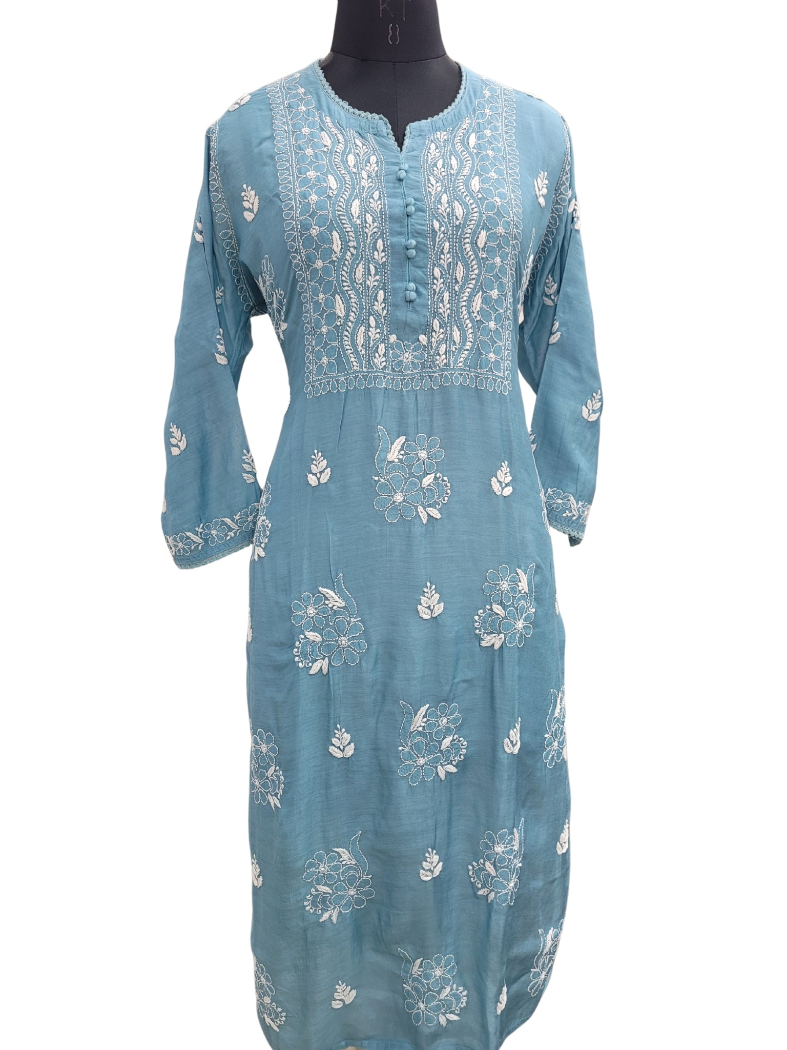 Shyamal Chikan Hand Embroidered Blue Muslin Lucknowi Chikankari Kurti - S24863