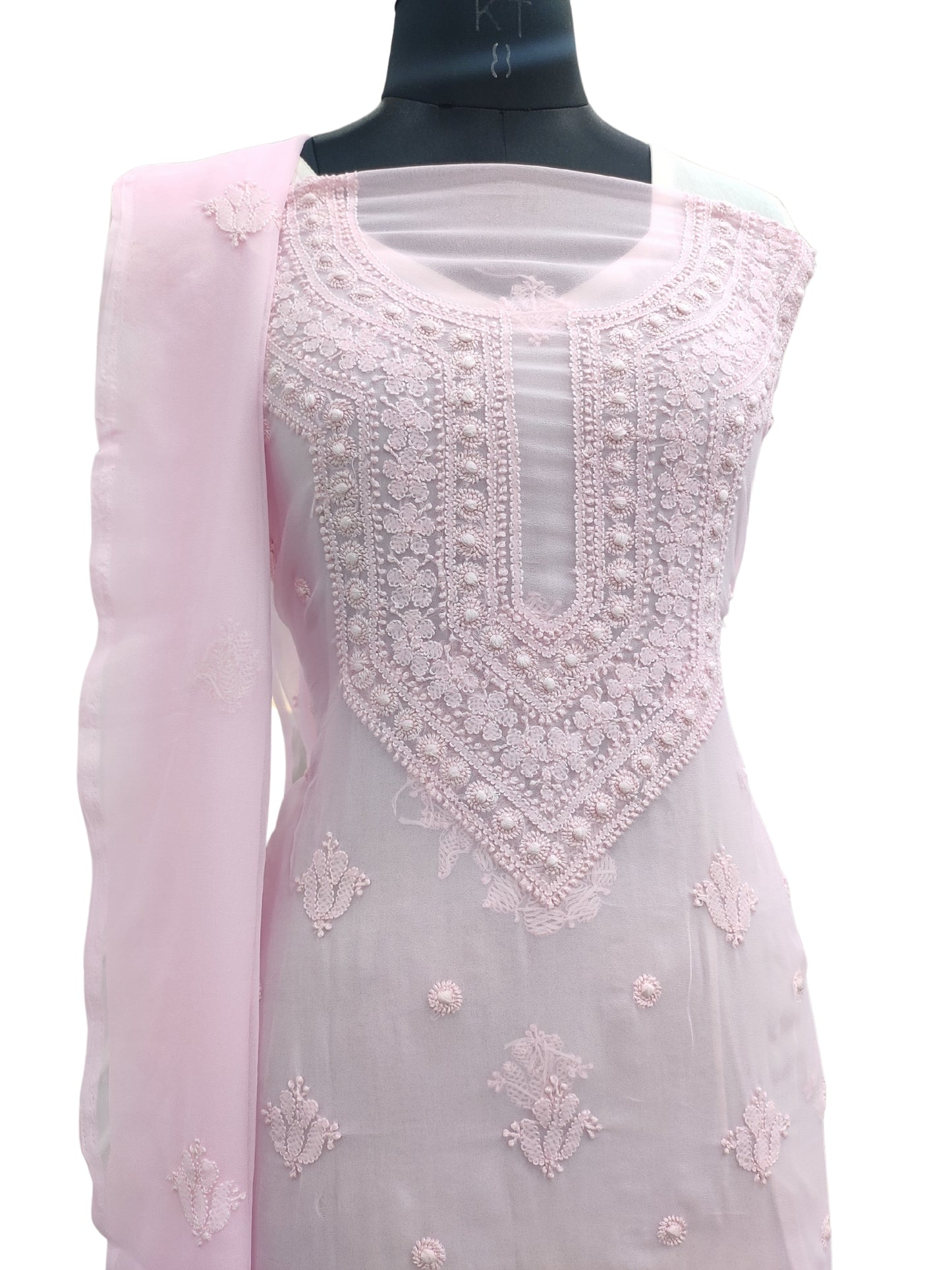 Shyamal Chikan Hand Embroidered Pink Georgette Lucknowi Chikankari Unstitched Suit Piece - 24100