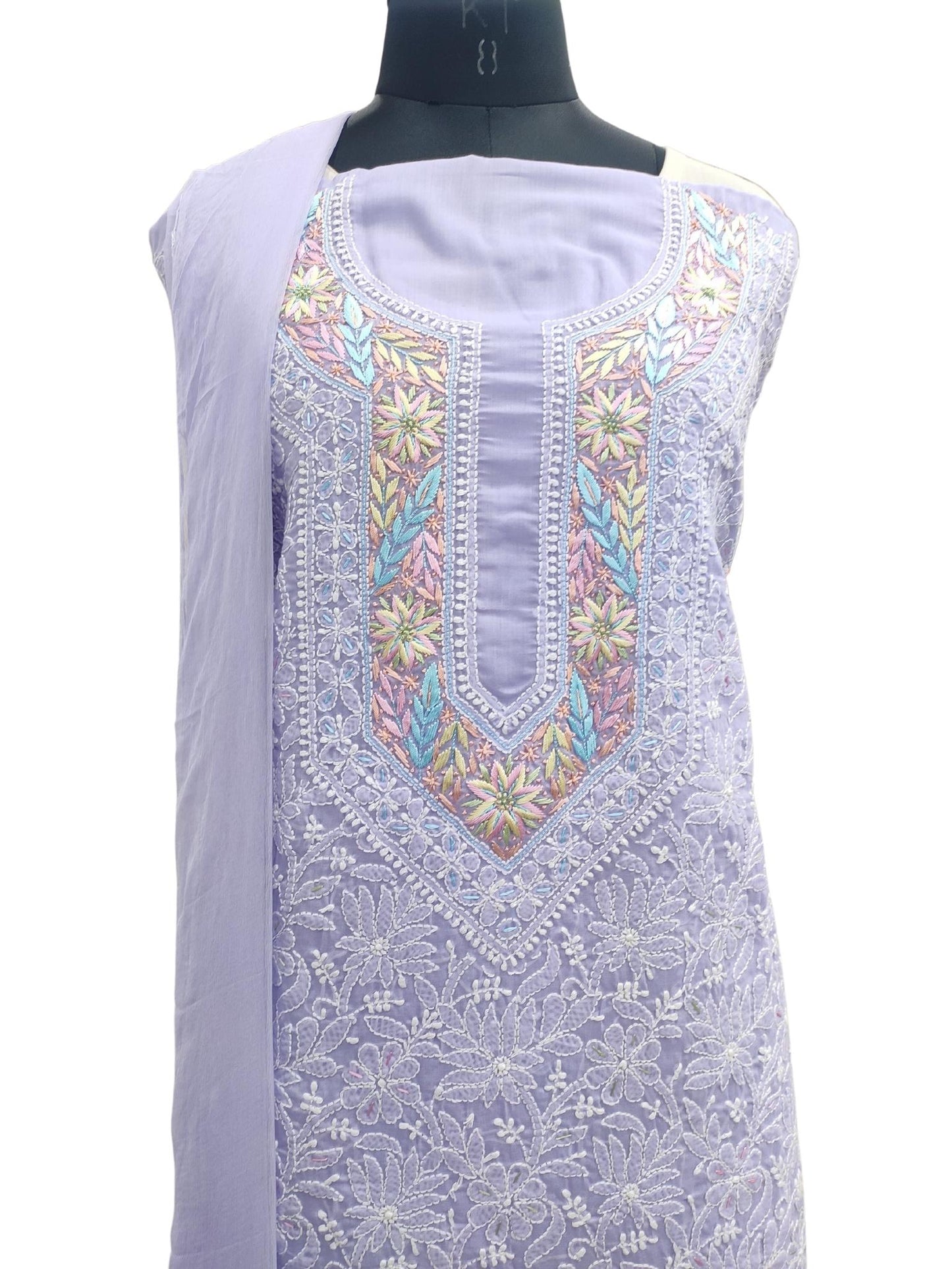 Shyamal Chikan Hand Embroidered Purple Cotton Lucknowi Chikankari Unstitched Suit Piece With Parsi Work - S20857