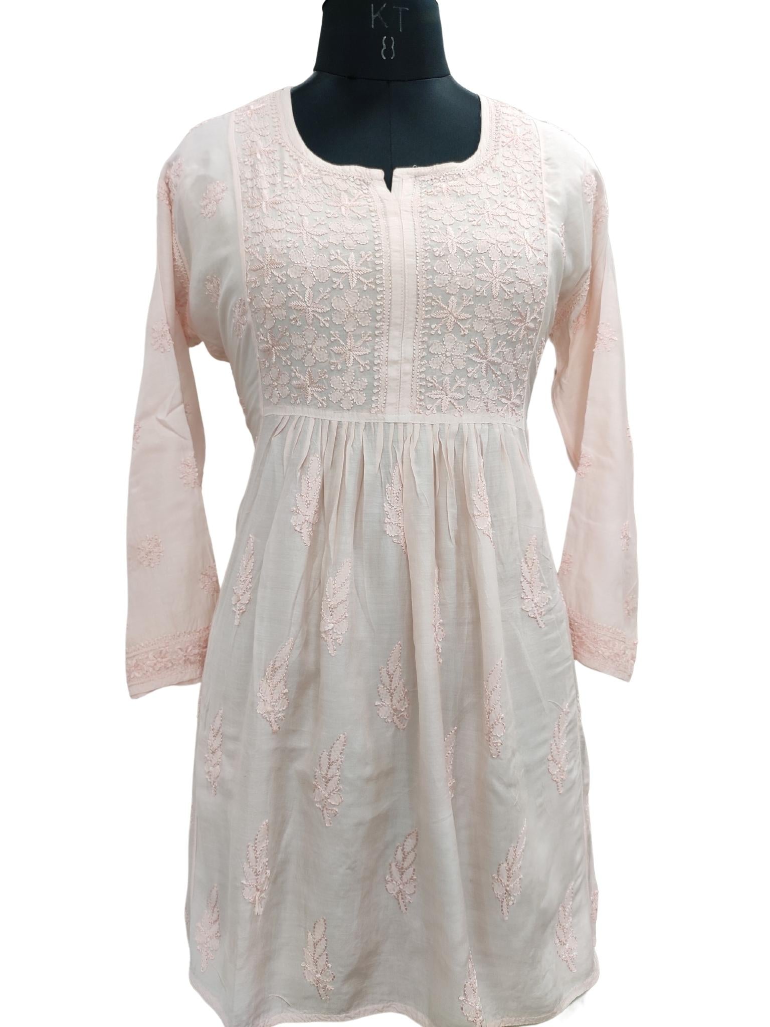 Shyamal Chikan Hand Embroidered Light Pink Muslin Lucknowi Chikankari Short Top - S20318
