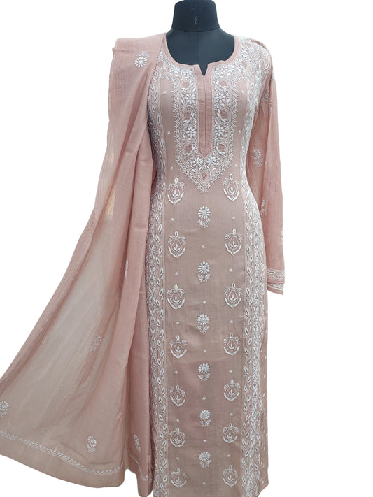 Shyamal Chikan Hand Embroidered Peach Mul Chanderi Lucknowi Chikankari semi stitched Suit Piece (Kurta Dupatta Set) - S23979