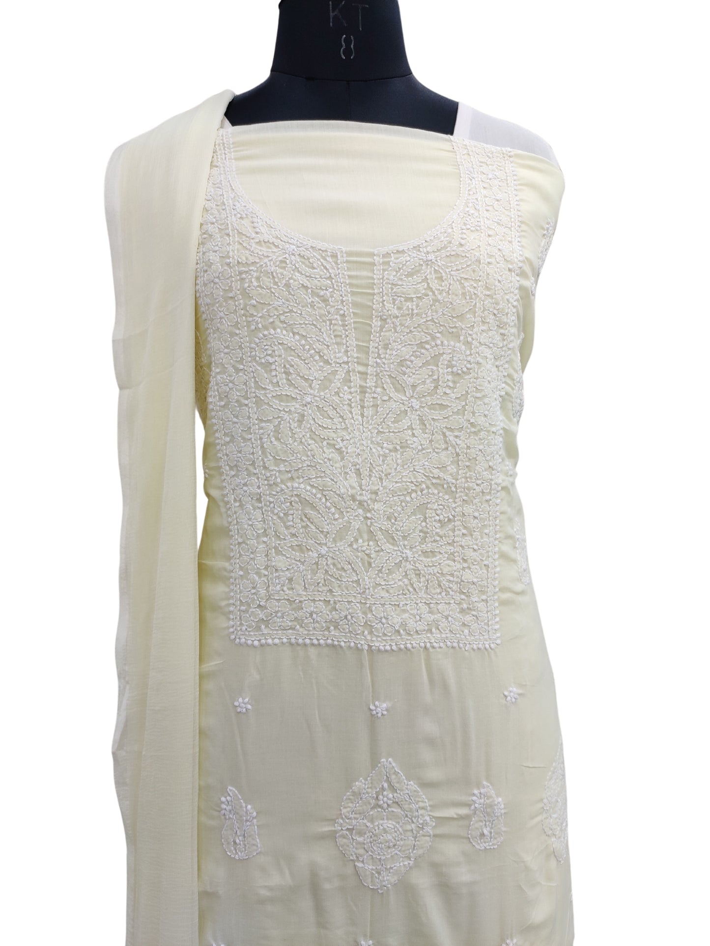 Shyamal Chikan Hand Embroidered Lemon Cotton Lucknowi Chikankari Unstitched Suit Piece - S24179