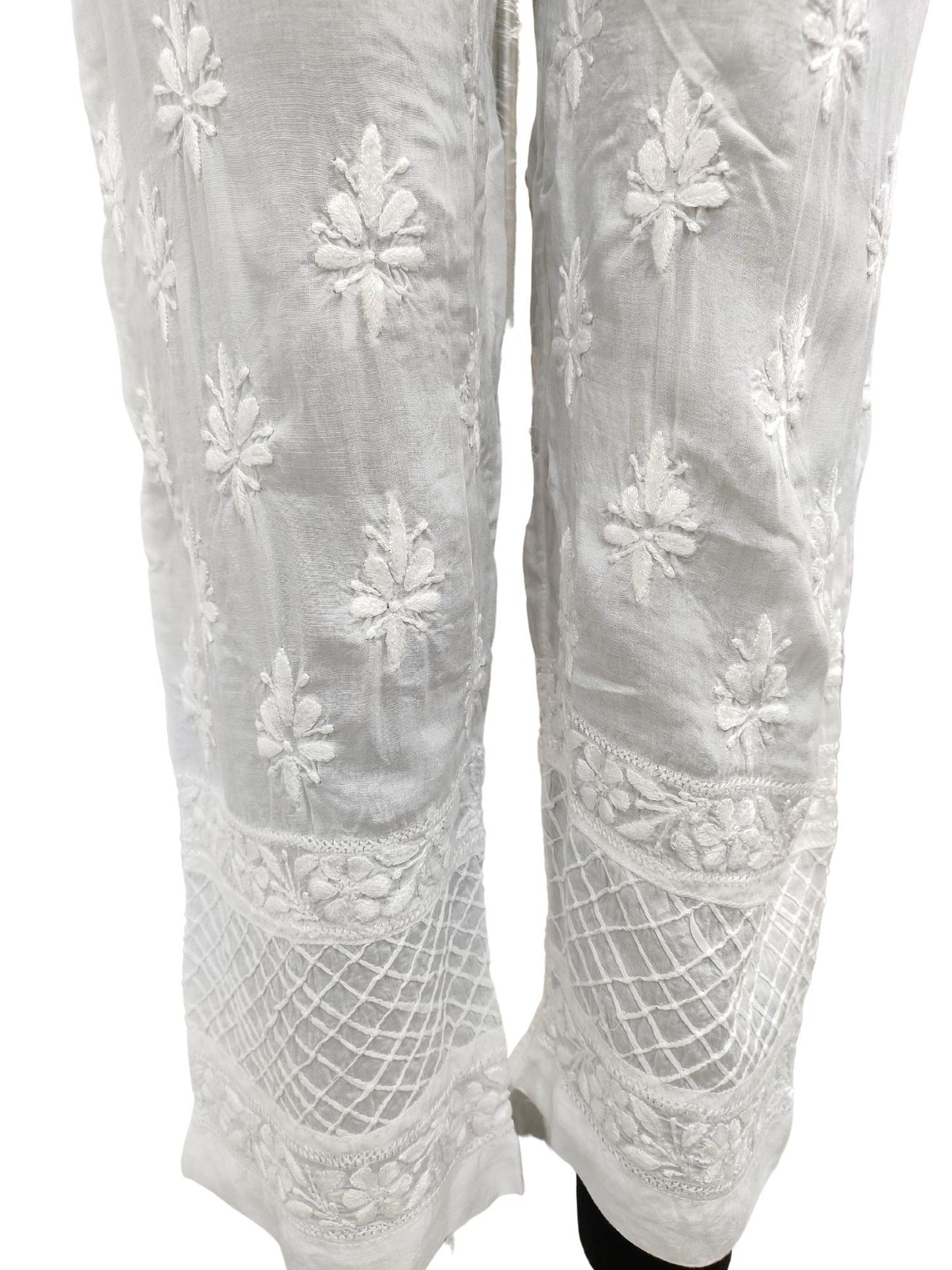 Shyamal Chikan Hand Embroidered White Modal Lucknowi Chikankari Women's Pant – S20417
