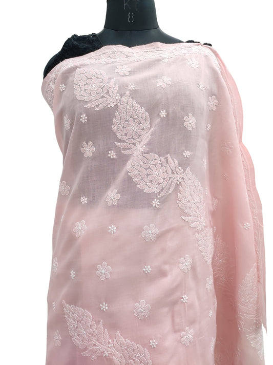 Shyamal Chikan Hand Embroidered Peach Cotton Lucknowi Chikankari Saree With Blouse Piece- S22511